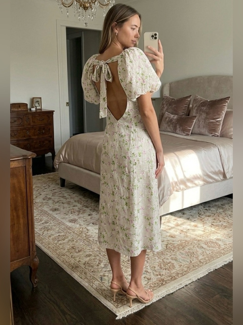 NEW Revolve LPA Hartley Midi Dress Vanessa Floral Puff Sleeve Tie Back Size M - Picture 2 of 16